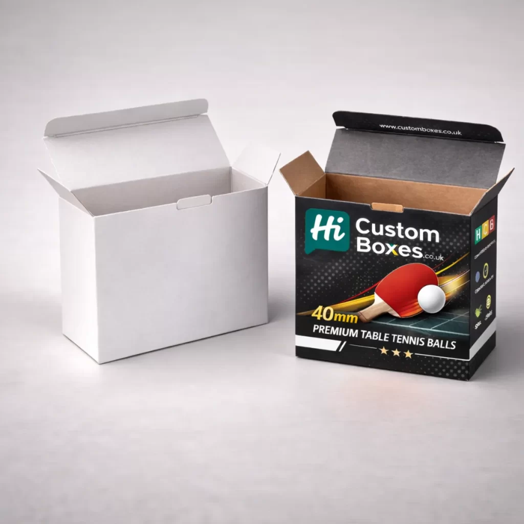 Two open cardboard tuck-end boxes, one plain white and one with a custom table tennis design.