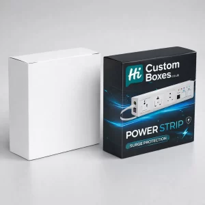 Two rectangular cardboard boxes, one plain white and one featuring a dark blue electrical product design.