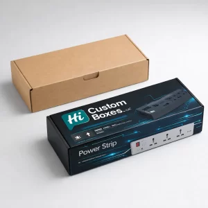 A brown corrugated shipping box next to a sleek black retail box for a power strip.