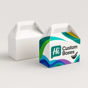 Two rectangular takeaway boxes with handles- one plain white and one with blue abstract designs