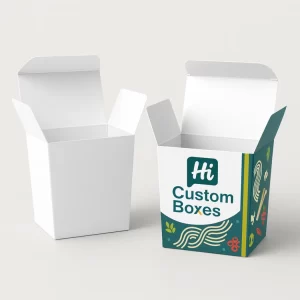 Pair of open printed noodle boxes- displaying a simple white interior and branded teal exterior