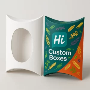Two pillow-shaped pasta boxes- one white with an oval window and one teal with orange accents-