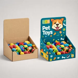 Two sliding drawer boxes, one plain white and one printed with teal wave patterns and pharmaceutical branding.