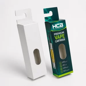 Custom printed cardboard vape cartridge boxes featuring a Somali hook hanging tab and die cut window.