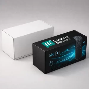 Two sleek horizontal rectangular boxes, one minimalist white and one black with glowing blue tech illustrations.