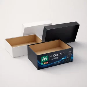 Two rectangular gift-style boxes, one plain white and one black with Hi Custom Boxes branding.