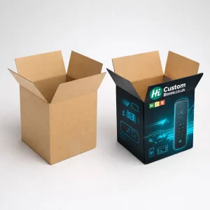 Two open square corrugated cardboard boxes, one natural brown and one with black branded printed graphics.