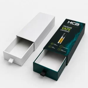 Custom rigid drawer vape cartridge packaging featuring a dark teal printed sleeve and white mockup box.