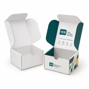 Open tuck top cardboard boxes with custom teal branding and icons for a high-quality retail product presentation.