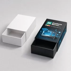 3D render of white and branded black sliding drawer boxes designed for premium router packaging.