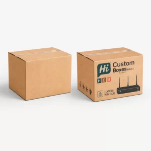 Realistic 3D mockup of a plain brown cardboard carton next to a branded router shipping box.