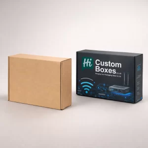 High-quality 3D rendering of a kraft mailer box beside a branded black router packaging box.