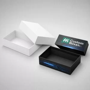 Professional 3D rendering of white and black branded sliding drawer boxes for SSD drive packaging.
