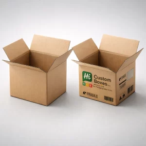 Realistic 3D render of a plain brown cardboard shipping carton next to a branded version.