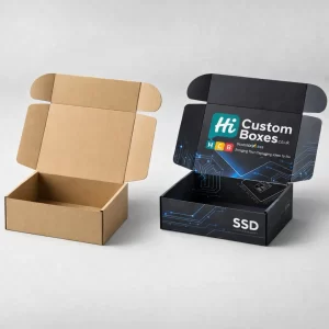 Open 3D mockup of a kraft mailer box beside a branded black SSD shipping box.