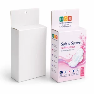 Two vertical retail boxes with hanging tabs, featuring pink floral artwork and sanitary pad product information.