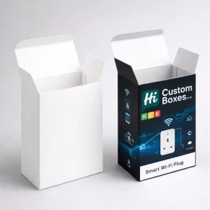 Two tall rectangular tuck-end boxes, one plain white and one with black branded smart plug graphics.