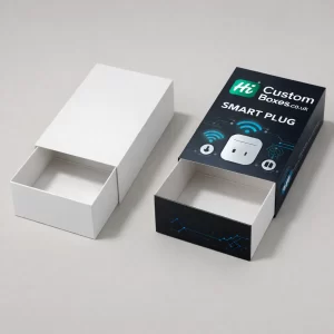 Two drawer-style slide boxes, one plain white and one featuring black 'Hi Custom Boxes' branding and graphics.