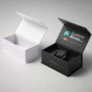 Luxury magnetic flip-top boxes in white and black, with one holding a black digital smartwatch.