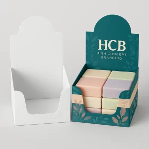 Custom display boxes for soap bars- featuring a rounded top and a dark green- botanical print
