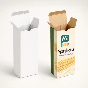 Two tall- open rectangular boxes- one plain white and one branded- showing the internal cardboard texture