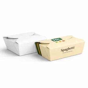 Two wide- horizontal takeaway-style cardboard boxes- one plain white and one branded with a green logo