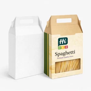 Two vertical boxes with handle cut-outs at the top- one plain white and one with branding