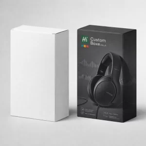 A tall white rectangular box standing next to a black box featuring a professional headset image.