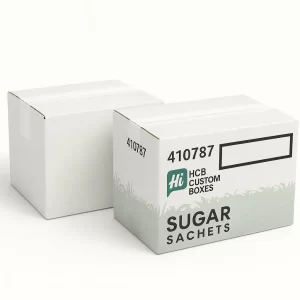 Two sturdy white cardboard cartons for sugar sachets with green grass patterns and printed numbers