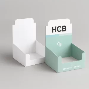 Organic sugar display packaging in pale green and white- showcasing the brand logo and motifs
