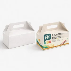 Two white gable boxes with built-in handles, one plain and one featuring custom taco branding.