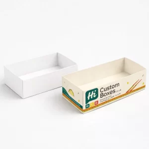 Two cardboard serving trays, one plain white and one branded for takeaway taco street food.