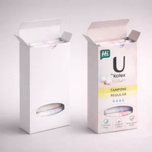 Two tall dispenser-style boxes with front windows, showing a plain white and a branded pink version.