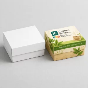 Two-piece rigid tea collection boxes with a plain white option and a premium printed lid.