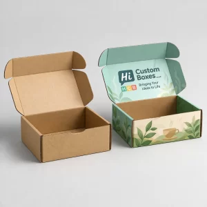 Custom corrugated tea mailer boxes in brown kraft and a bespoke green botanical printed design.