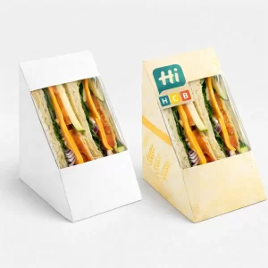 Distinctive triangle-shaped cardboard boxes designed to hold and display halved tortilla wraps or sandwiches securely