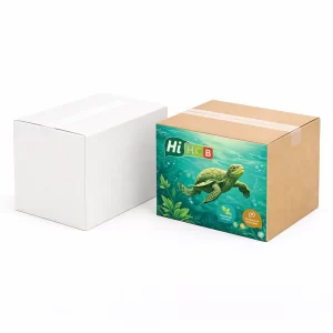 Plain brown cardboard shipping box next to a branded green and white turtle food carton.
