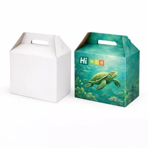 Two sturdy white two-piece boxes with lids, including one featuring custom green turtle branding.