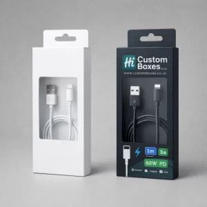 Two retail boxes featuring rectangular cut-out windows displaying coiled USB cables inside, with hanging tabs.