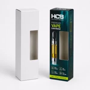 Custom printed tuck top vape cartridge boxes with a clear window next to a blank mockup.