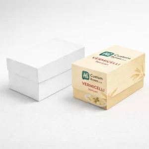 Wholesale two-piece rigid vermicelli boxes featuring a plain white mock-up and a custom printed lid