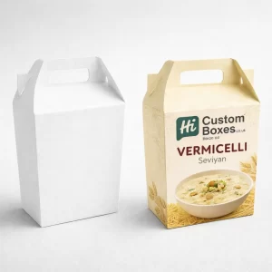 Cardboard vermicelli gift boxes with integrated handles available in plain white and bespoke printed food branding.