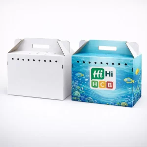 Two cardboard carrier boxes with handles and air holes, featuring a plain white and a fish-themed design.