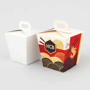 Wholesale Chinese food boxes with heart-shaped handles- showing a plain white and a red wave design