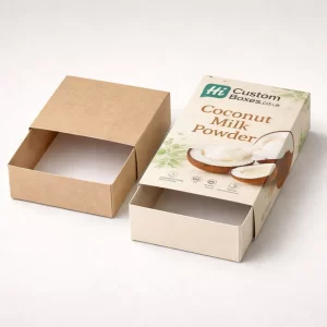 Sustainable kraft slider drawer boxes designed for wholesale coconut milk powder packaging with minimalist branding.