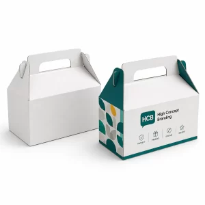 Professional white and custom branded gable packaging with built-in handles for secure retail and gift delivery.