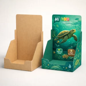 Two drawer-style slide boxes, one plain white and one featuring custom green turtle food designs.