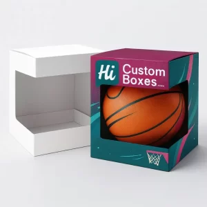 display box with a large front window showcasing a basketball- ideal for retail product visibility aCustomnd branding