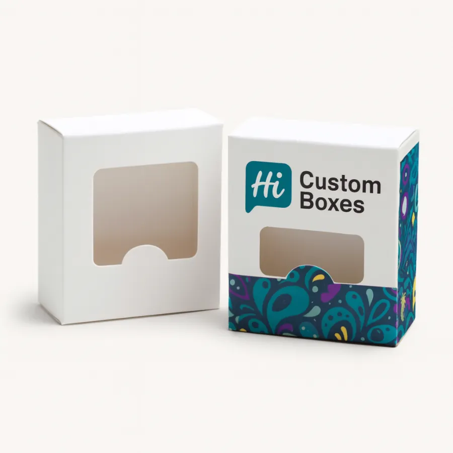 UK-style custom square soap boxes with window cut-outs- plain white and printed paisley