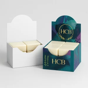 Wholesale counter display boxes for soap bars- one white- one dark teal and gold branded